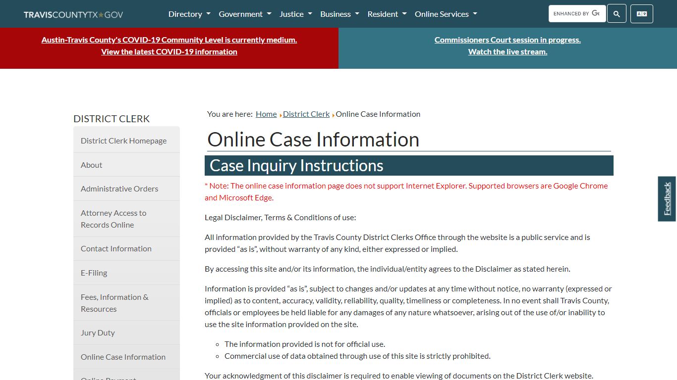 Online Case Information - Travis County, Texas